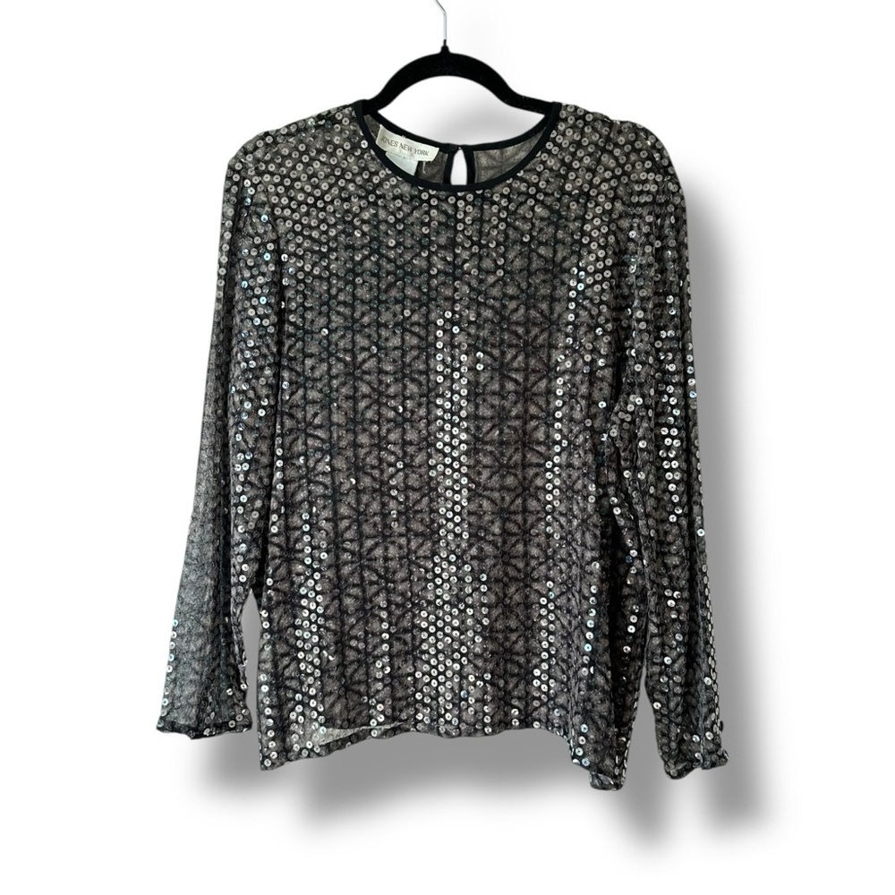Jones New York 100% Silk Vintage 90s Chiffon Geometric Sequin Top 16 Long Sleeve